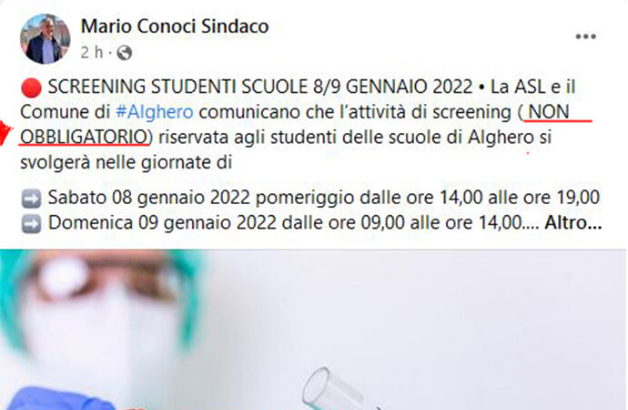 Screening alla popolazione scolastica ad Alghero “non obbligatorio” per il Sindaco Conoci