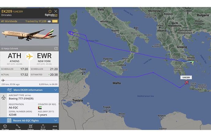 Emirates volo Atene-New York sorvola l’Isola e Alghero. Allarme CIA: “passeggero sospetto a bordo”, atterraggio negato