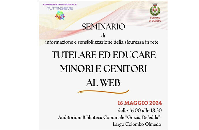 A Olmedo Seminario “Tutelare ed educare minori e genitori al web”. Iniziativa promossa dalla Cooperativa TUTTINSIEME