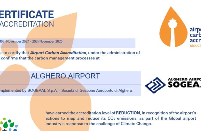 L’Aeroporto di Alghero-Fertilia  ottiene il Livello 2 – Reduction del programma “Airport Carbon Accreditation”
