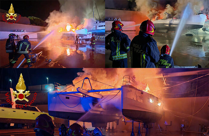 Olbia – A fuoco un catamarano di 25mt rimessato all’esterno di un cantiere nautico