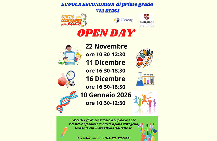 Al via gli Open day all’Istituto Comprensivo n°3 di Alghero: appuntamento domani nel plesso di Via Biasi