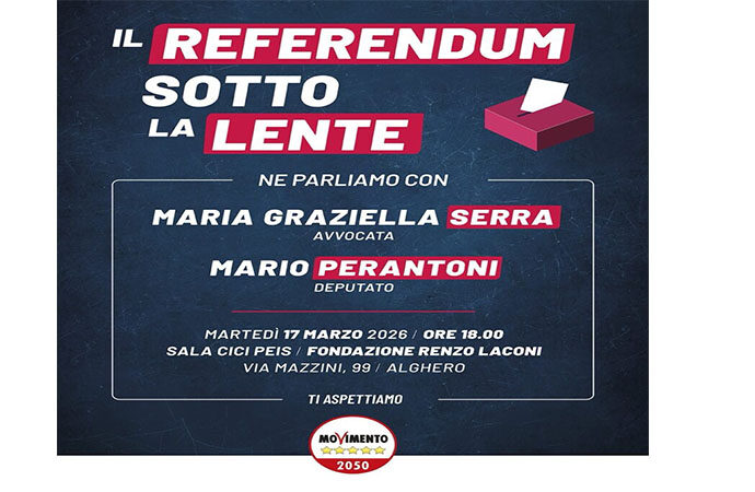 M5S Alghero – “Il Referendum sotto la Lente” con l’avvocata Maria Graziella Serra e il Deputato Mario Perantoni